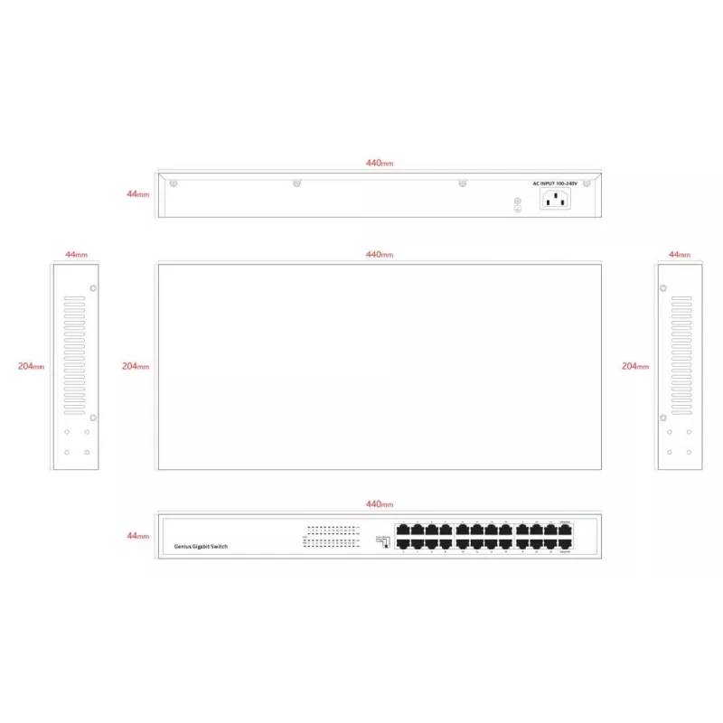 Unmanaged switch Lanview LVN-1UMOUNT-24PORT-1G 24-poorts gigabit ethernet switch, 1U-inbouw