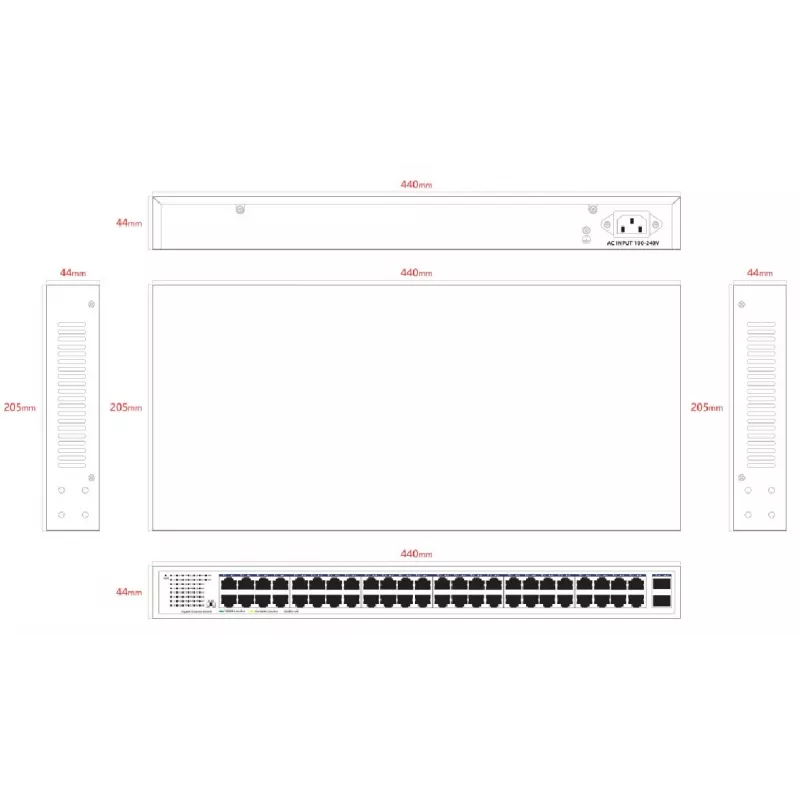 Lanview unmanaged switch LVN-1UMOUNT-48PORT-2SFP-1G — 48x RJ45 1G-poorten, 2x SFP-uplinks