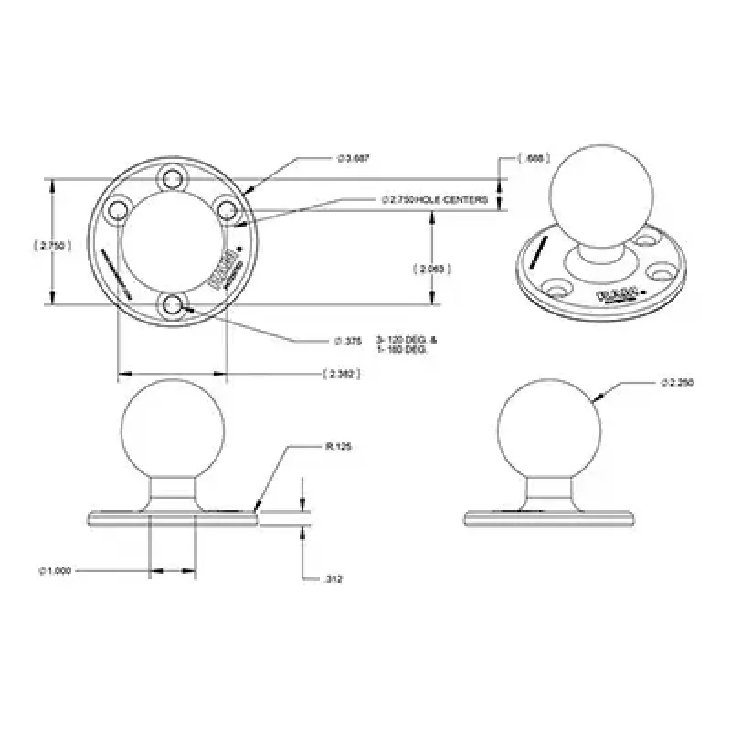 RAM Mounts RAM-D-202U ronde voet met bal maat D, rubberen bal van 2,25 inch, diameter 93,5 mm (3,68 inch)