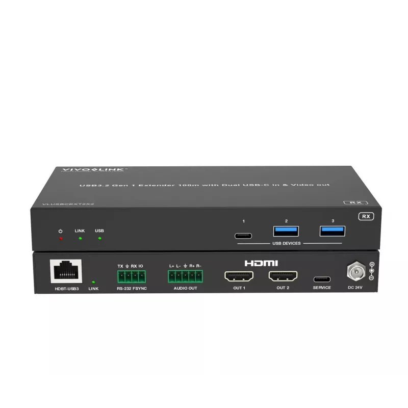 VivoLink VLUSBCEXT2X2 USB 3.2 Gen 1-extender, 100 m, dubbele USB-C-ingang en video