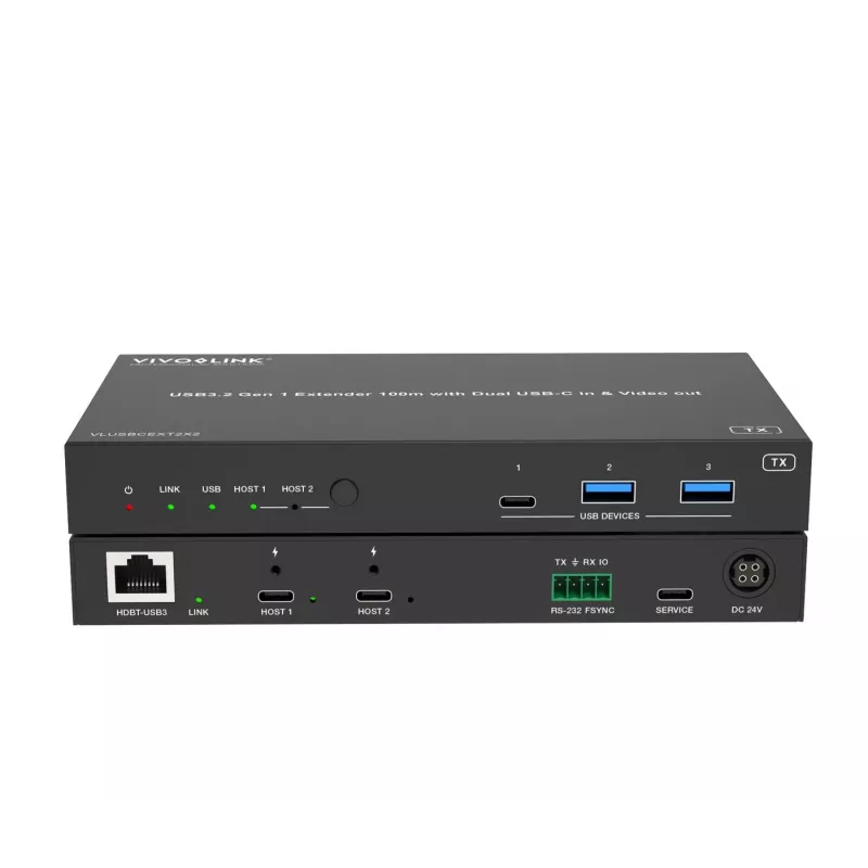 VivoLink VLUSBCEXT2X2 USB 3.2 Gen 1-extender, 100 m, dubbele USB-C-ingang en video