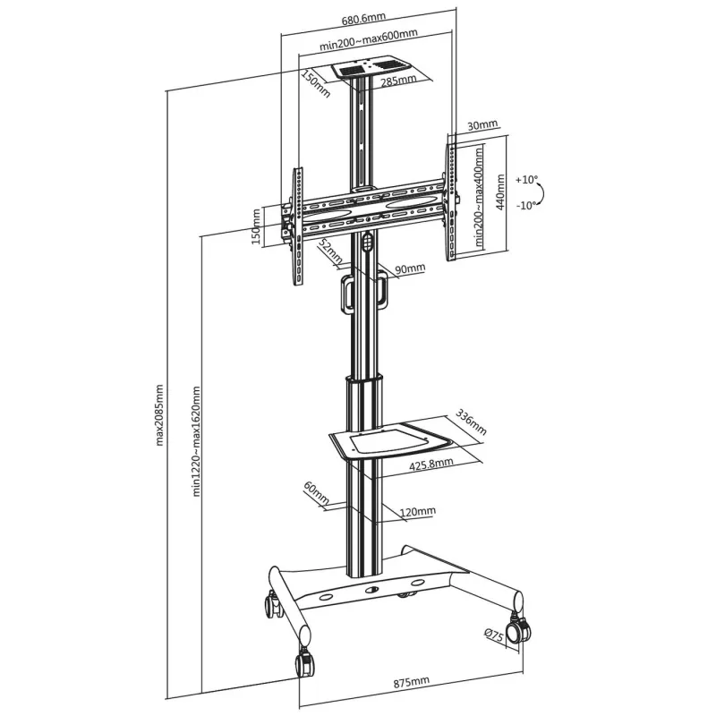 Vivolink VLFS3266C tv-standaard/rolwagen 165,1 cm (65 inch) zwart