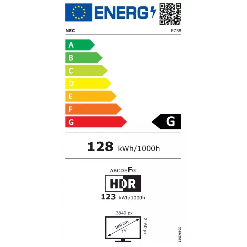 NEC MultiSync E758 digital-signage flatscreen 189,2 cm (74,5 inch) LED 400 cd/m² 4K Ultra HD zwart 18/7