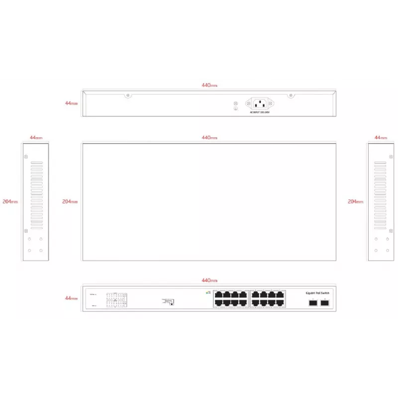ERNITEC unmanaged PoE-switch ELECTRA-U16-1GB 16 poorten, 1 GbE uplink, 285W powerbudget