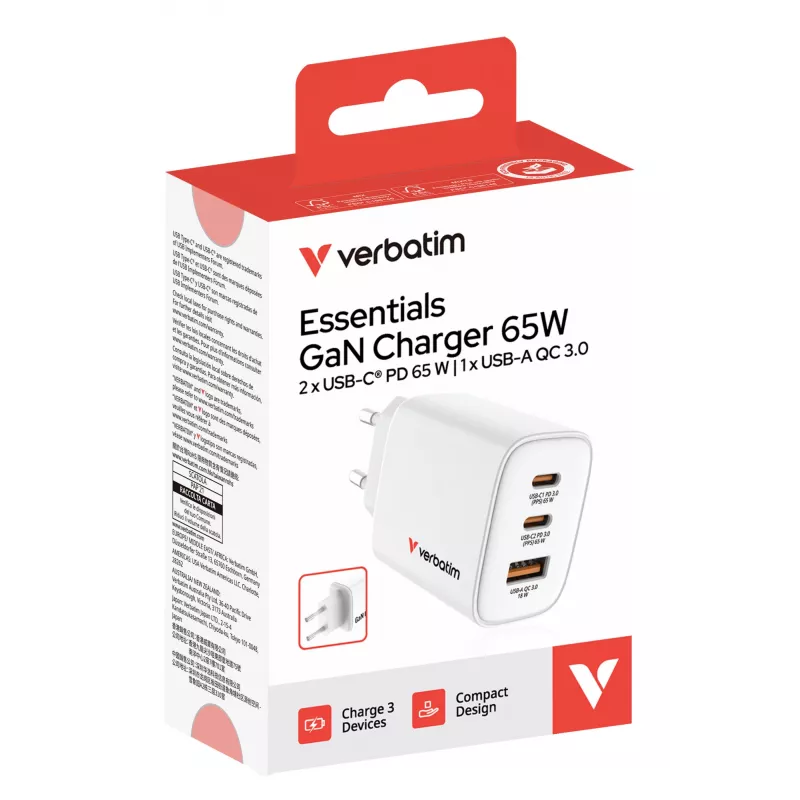 Verbatim Essentials GaN oplader 65W EU-stekker wit, binnen, AC, 20 V, wit