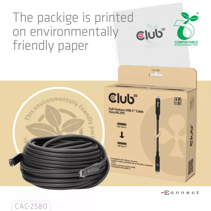 CLUB3D 15M USB-C®-kabel met alle functies / 49,21ft 8K60Hz 10Gbps 60W