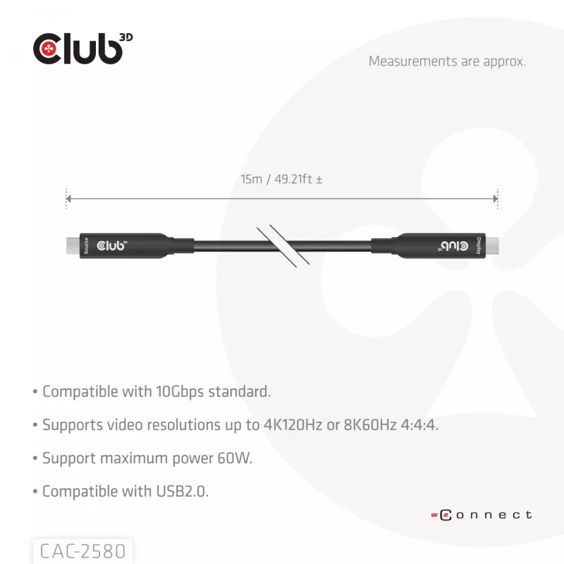 CLUB3D 15M USB-C®-kabel met alle functies / 49,21ft 8K60Hz 10Gbps 60W