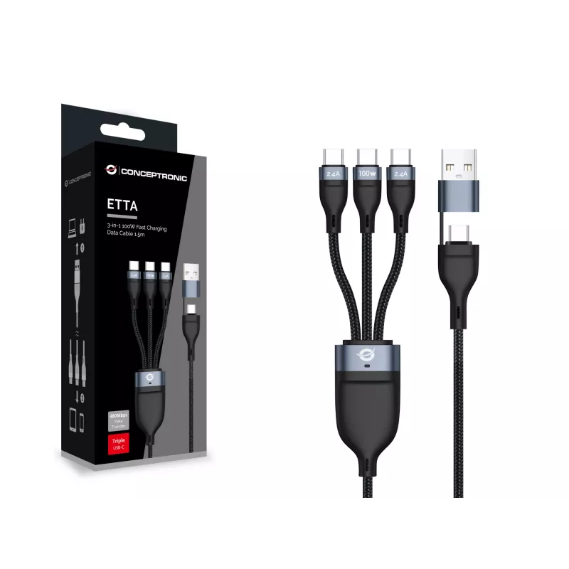 Conceptronic ETTA06B15C 3-in-1 100 W snellaadkabel 1,5 m, drievoudig USB-C, USB 2.0, E-Mark