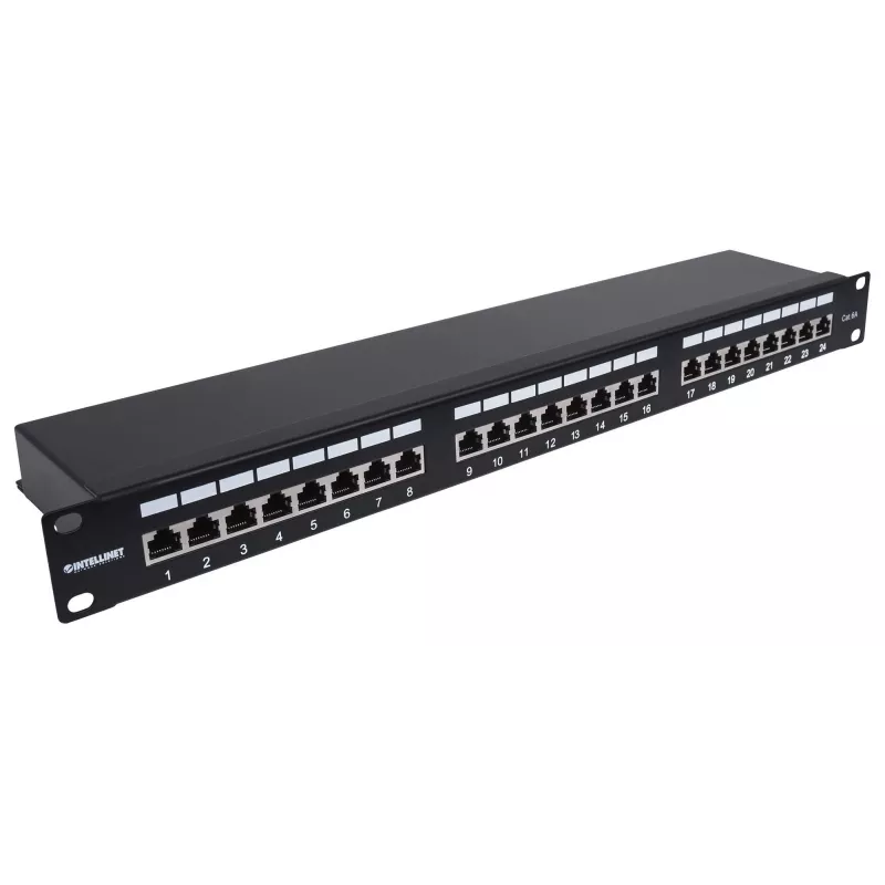 Intellinet patchpaneel, Cat6a, FTP, 24-poorts, 1U, afgeschermd, 90° top-entry LSA-strips, zwart