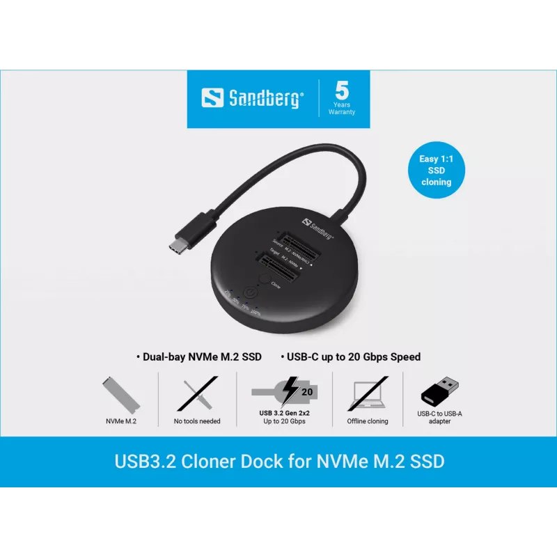 Sandberg USB3.2 Cloner Dock voor NVMe M.2 SSD, zwart, 20 Gbit/s
