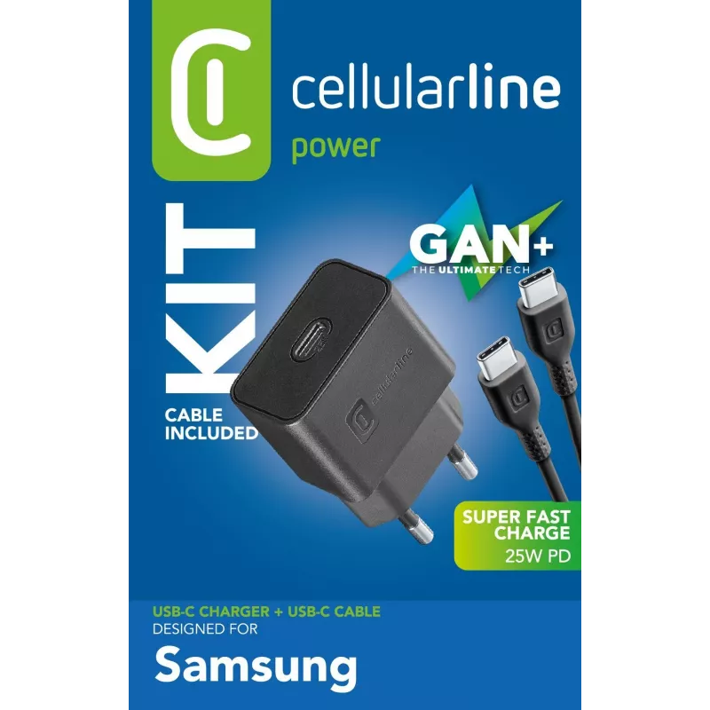 Cellularline Super Fast Charger Kit 25W - USB-C naar USB-C - Samsung 25W Super Fast Charge PD voeding met USB-C naar USB-C kabel