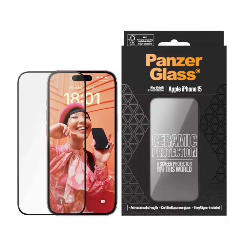 PanzerGlass Ceramic Protection voor iPhone 15 Ultra-Wide Fit krasvast stootvast
