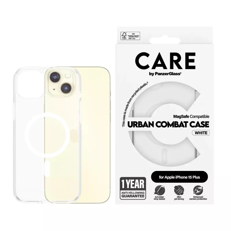 PanzerGlass CARE™ by ® Urban Combat hoes transparant met wit MagSafe iPhone 15 Plus