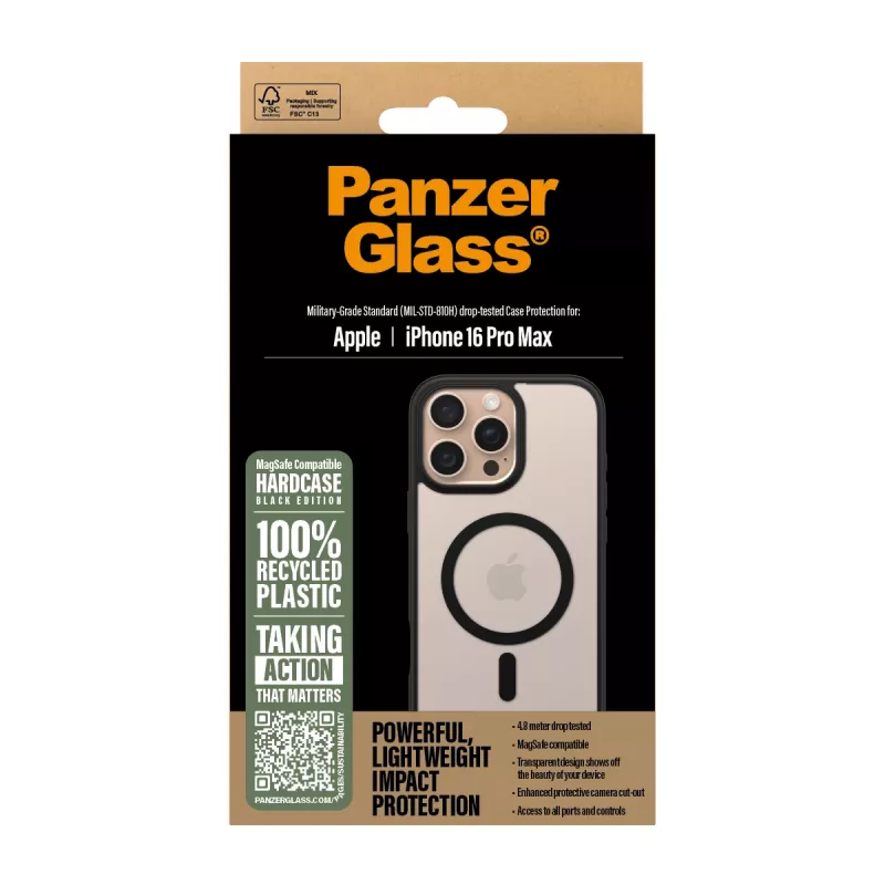 PanzerGlass ® HardCase transparant met zwart MagSafe & frame iPhone 16 Pro Max