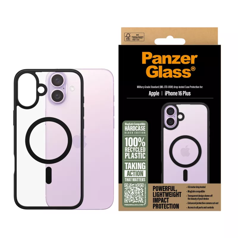 PanzerGlass ® HardCase transparant met zwart MagSafe & frame iPhone 16 Plus