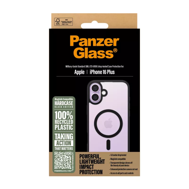 PanzerGlass ® HardCase transparant met zwart MagSafe & frame iPhone 16 Plus