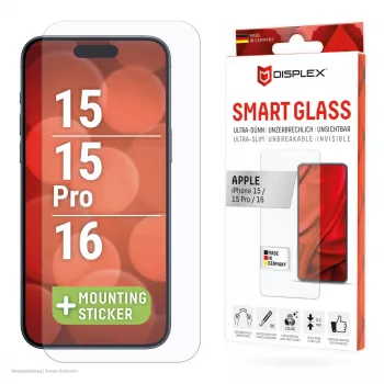 Displex Smart Glass (9H) voor Apple iPhone 15/15 Pro/16, montagesticker, onbreekbaar