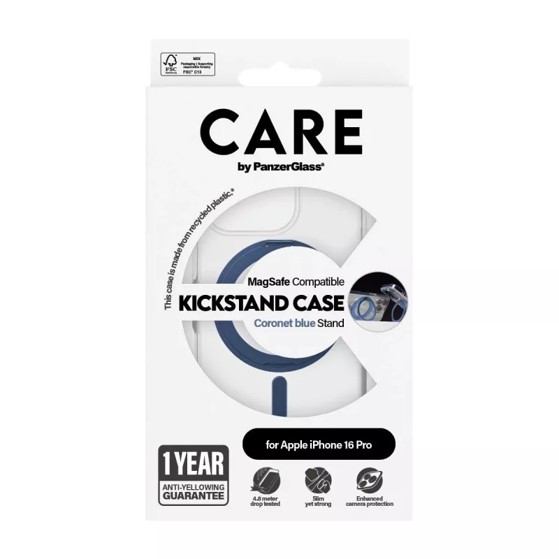 PanzerGlass CARE Feature Case 1317 hoesje voor iPhone 16 Pro, met standaard en MagSafe, transparant blauw