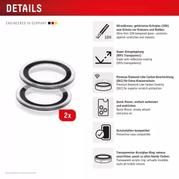 Displex Premium camera-lensglas, iPhone 16e/17e, 2-pack, 10H, losse ringen, DLC, transparant, snelle montage