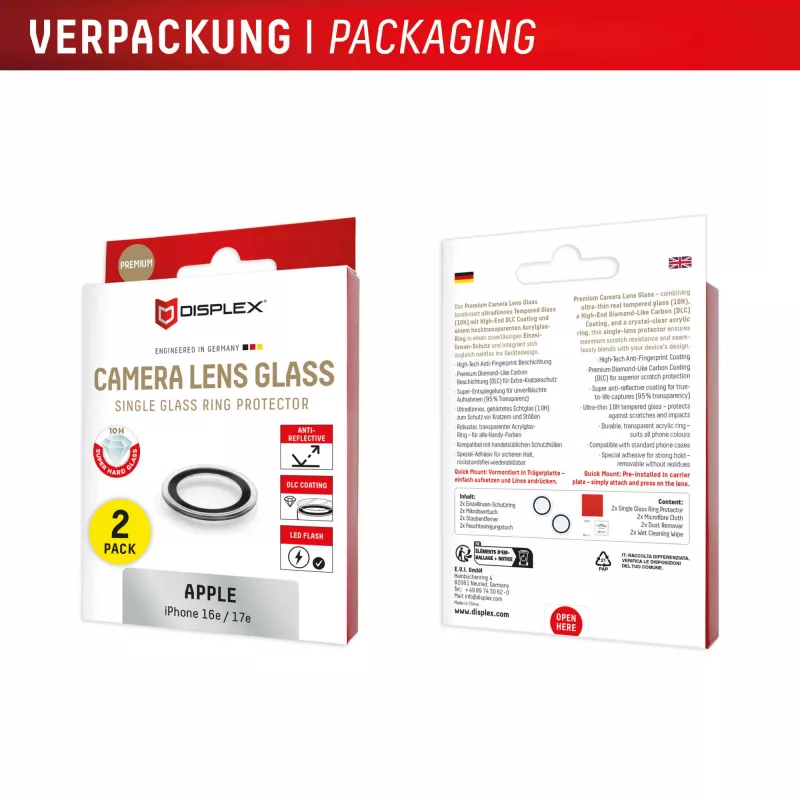 Displex 02124 CamGlass Single Lens cameraglas voor één lens, voor iPhone 16e