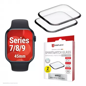 Displayschermfolie Displex Unbreakable Full Cover Smart Glass voor Apple Watch 45mm (Series 9/8/7), 2-pack, ultradun randloos