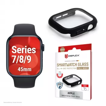 Displex 10H tempered glass voor Apple Watch 9/8/7 (45 mm), full-body-case, IP68, snap-on, zwart mat