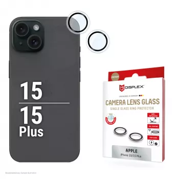 Displex Premium camera-objectiefglas, iPhone 15/15 Plus, 10H, losse ringen, DLC, transparant, Quick Mount