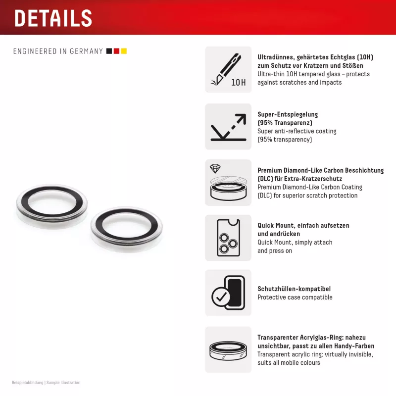Displex Premium camera-objectiefglas, iPhone 15/15 Plus, 10H, losse ringen, DLC, transparant, Quick Mount