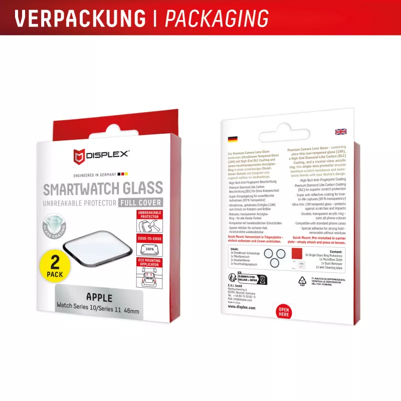 Schermbescherming Displex Unbreakable Full Cover Smart Glass Apple Watch 11/10 46mm ultradun randloos 2-pack