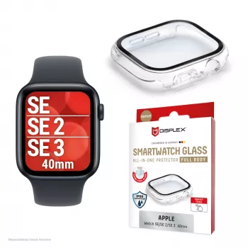 Displex 10H temperglas voor Apple Watch SE3/SE2/SE (40 mm), full-body-behuizing, IP68, snap-on, transparant