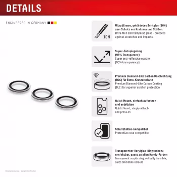 Displex Premium camera-objectiefglas, Samsung Galaxy S25+, 10H, losse ringen, DLC, transparant, Quick Mount