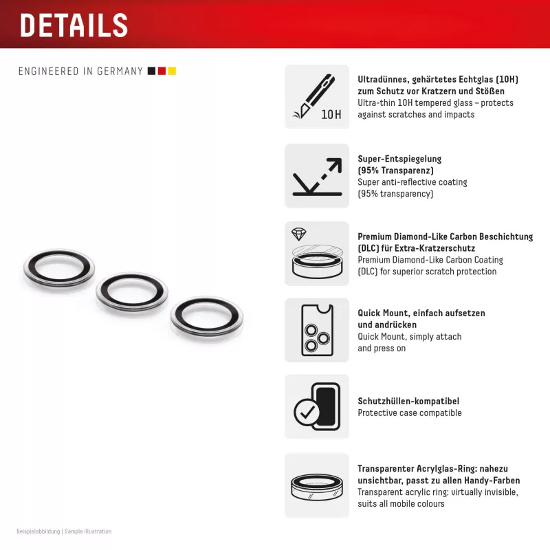 Displex Premium camera-objectiefglas, Samsung Galaxy S25+, 10H, losse ringen, DLC, transparant, Quick Mount