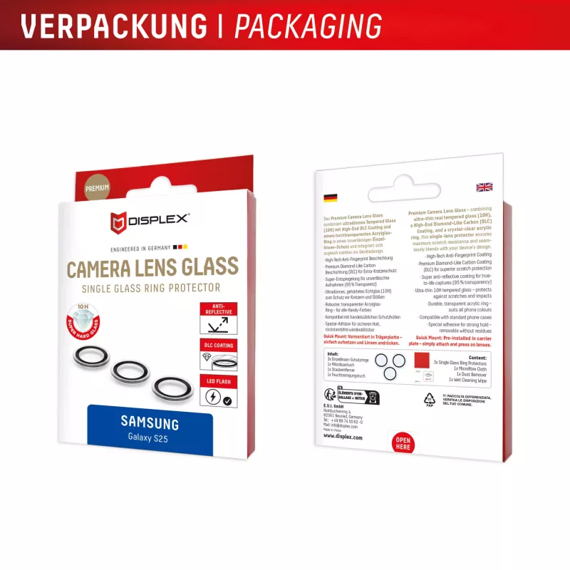 Displex Premium camera-lensglas, Samsung Galaxy S25, 10H, losse ringen, DLC, transparant, Quick Mount