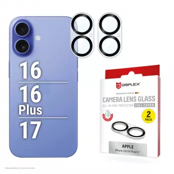 Displex Full Cover camera-lensglas iPhone 16/16 Plus/17, 10H, volledige camerabescherming, snelle montage, 2-pack