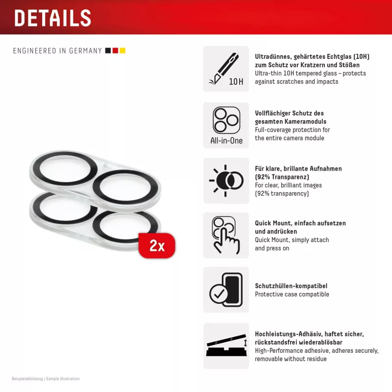 Displex Full Cover camera-lensglas iPhone 16/16 Plus/17, 10H, volledige camerabescherming, snelle montage, 2-pack