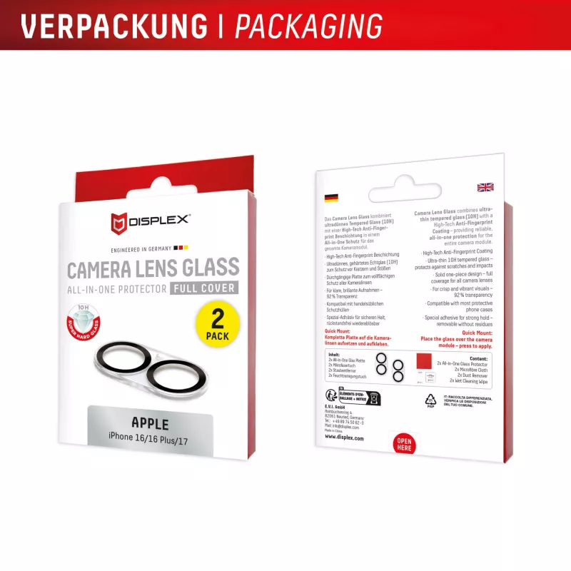 Displex Full Cover camera-lensglas iPhone 16/16 Plus/17, 10H, volledige camerabescherming, snelle montage, 2-pack