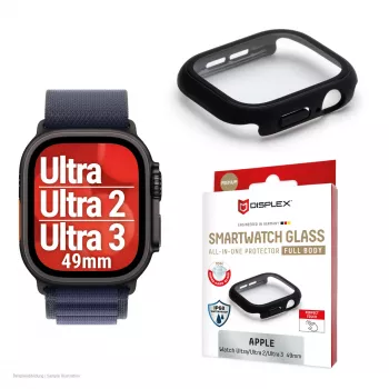Displayschermbescherming PanzerGlass Displex 10H voor Apple Watch Ultra 3/Ultra 2/Ultra (49 mm), volledig lichaam, IP68, snap-on, zwart mat