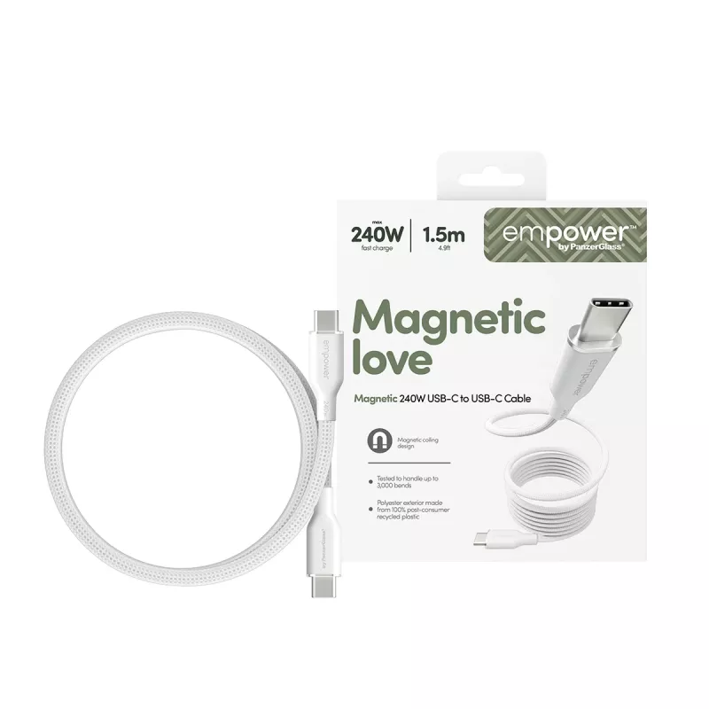 PanzerGlass empower™ by ® magnetische 240W USB-C-naar-USB-C-kabel | USB 2.0 | 1,5 m | zilver wit