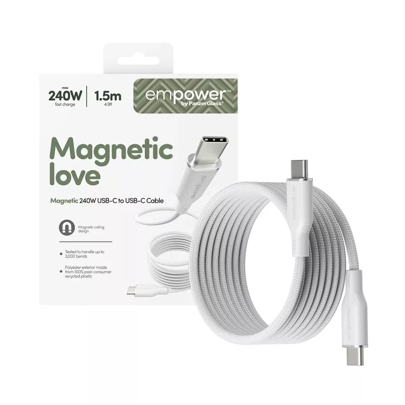 PanzerGlass empower™ by ® magnetische 240W USB-C-naar-USB-C-kabel | USB 2.0 | 1,5 m | zilver wit