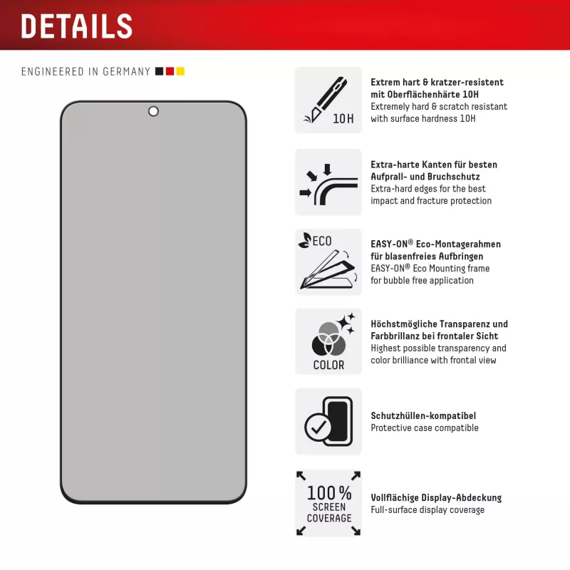 Displex privacy-displayschermfolie (10H) voor Samsung Galaxy S25 FE/S24 FE, Eco-montageframe, privacyfilter