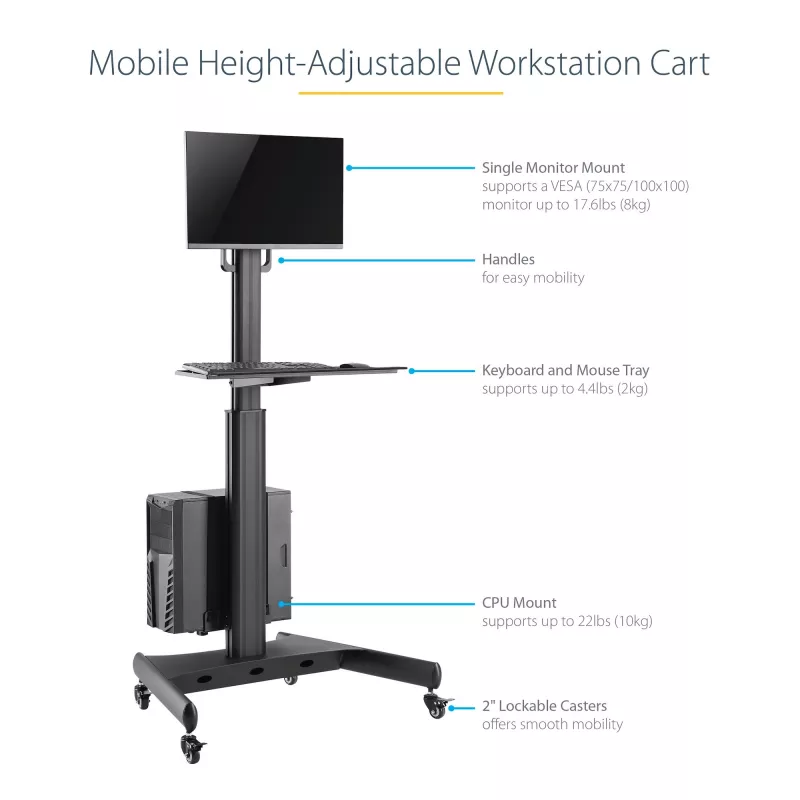 StarTech.com mobiele workstation-wagen met monitorbeugel, CPU/PC-houder, toetsenbordplateau – ergonomische in hoogte verstelbare desktop-computerwagen – rollend mobiel staand werkstation op wielen