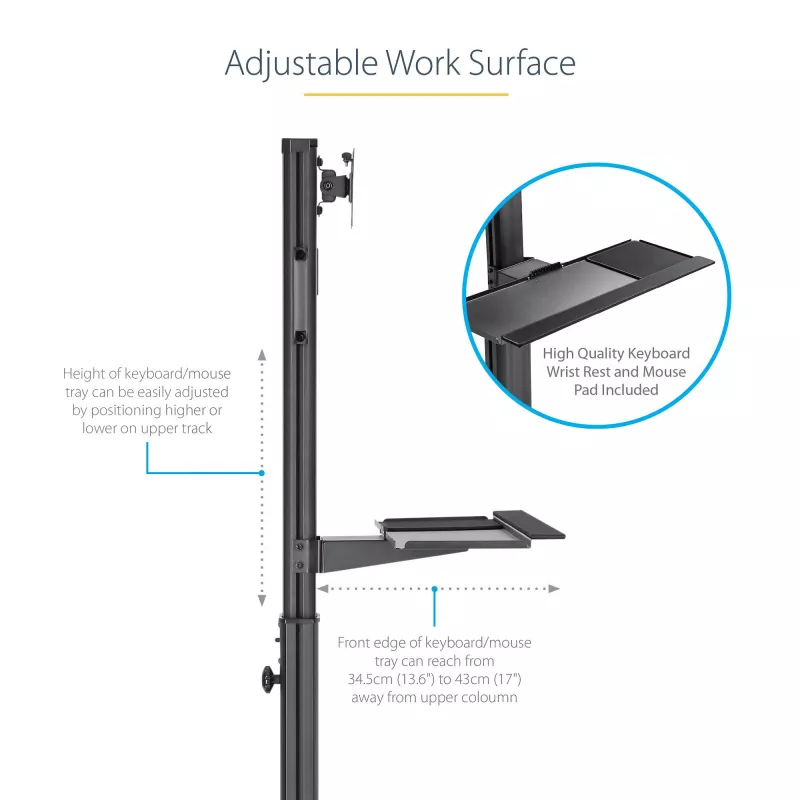 StarTech.com mobiele workstation-wagen met monitorbeugel, CPU/PC-houder, toetsenbordplateau – ergonomische in hoogte verstelbare desktop-computerwagen – rollend mobiel staand werkstation op wielen
