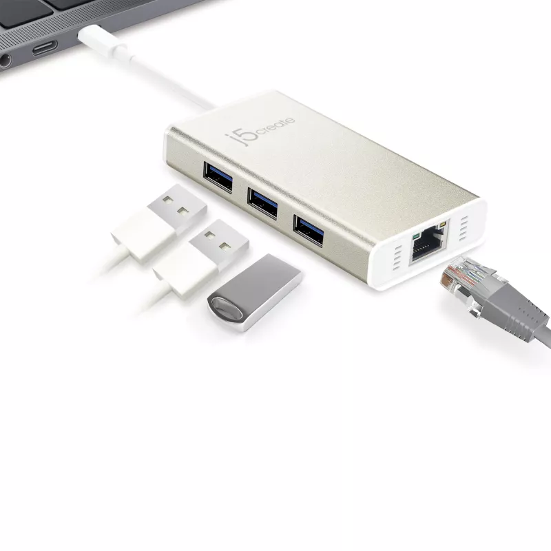 j5create JCH471 USB-C™ Gigabit Ethernet & hub multi-adapter, metallic champagne
