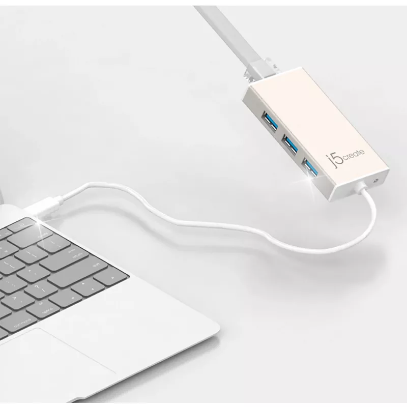 j5create JCH471 USB-C™ Gigabit Ethernet & hub multi-adapter, metallic champagne