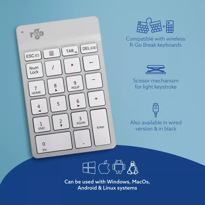 R-Go Tools numpad R-Go Numpad Break, ergonomisch numpad met Break-software, Bluetooth, wit