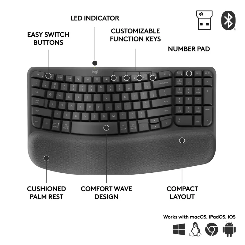 Logitech Wave Keys for Business ergonomisch toetsenbord full-size draadloos