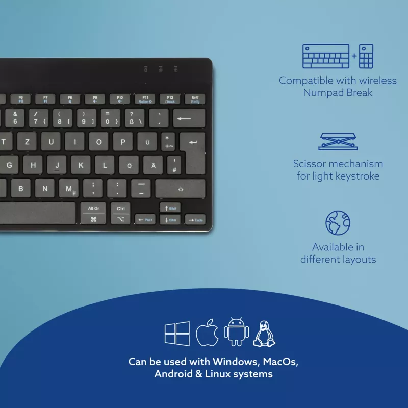 R-Go Tools ergonomisch toetsenbord R-Go Compact Break, compact toetsenbord met pauzesoftware, QWERTZ (DE), Bluetooth, zwart