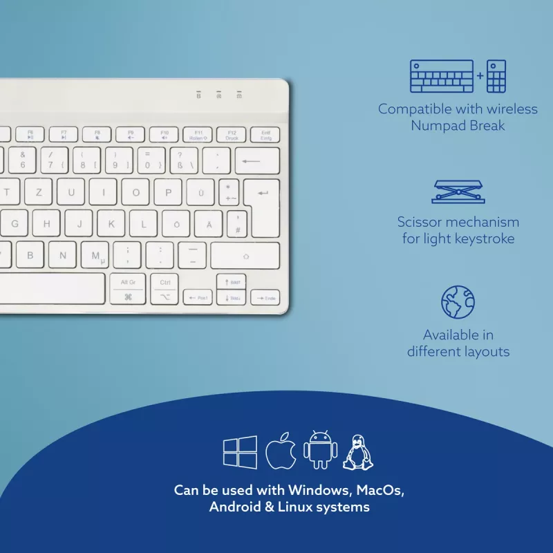 R-Go Tools ergonomisch toetsenbord R-Go Compact Break, compact toetsenbord met pauzesoftware, QWERTZ (DE), Bluetooth, wit