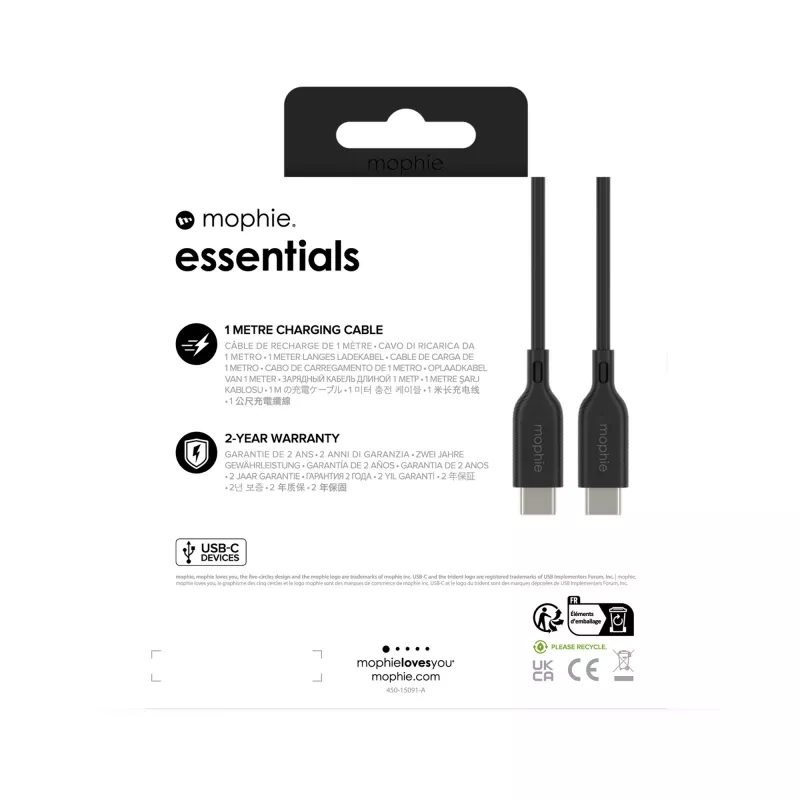 USB-C-naar-USB-C-oplaadkabel 1 m — Zagg International mophie essentials, USB 2.0, zwart