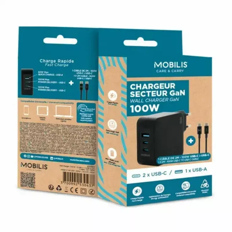 Ravanson Mobilis oplader 100W GaN 2×USB-C + 1×USB-A AC voor binnen — voor laptop, smartphone, tablet — zwart